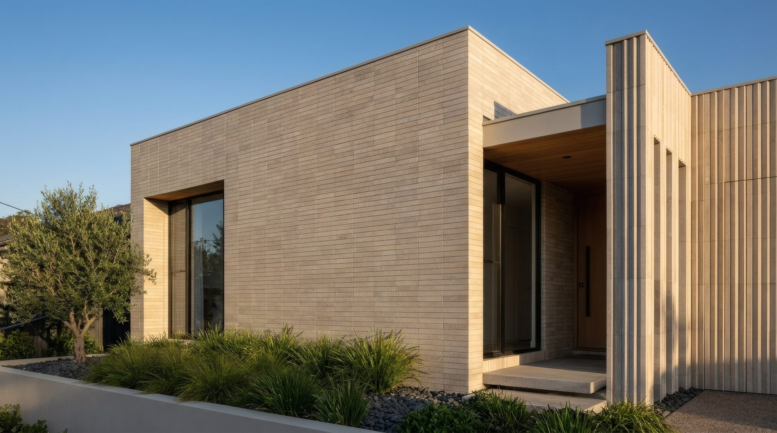 Modern home facade clad in slim stone tiles with a fluted blade wall