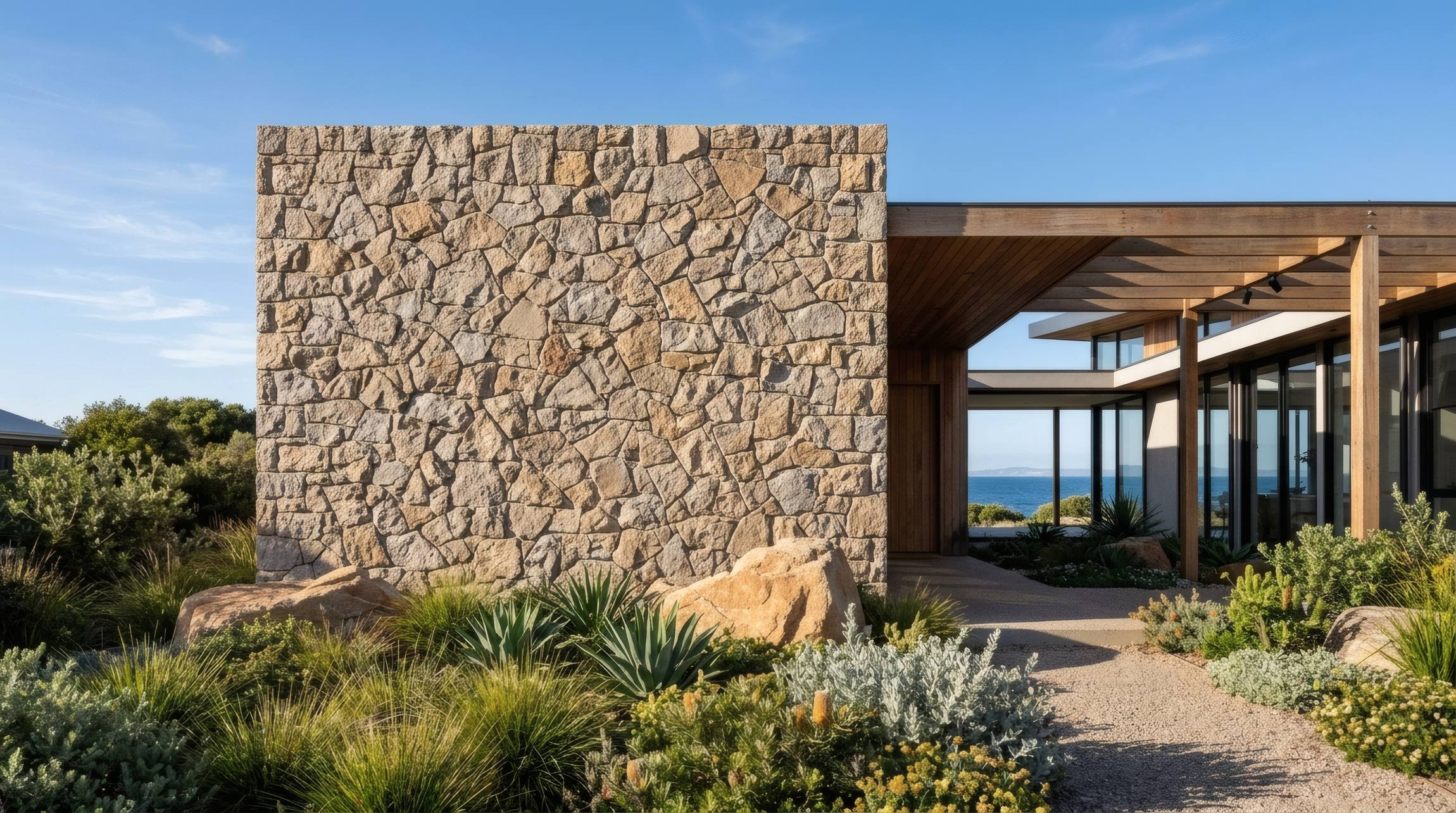 Modern coastal home with a natural stone-clad feature wall and native garden