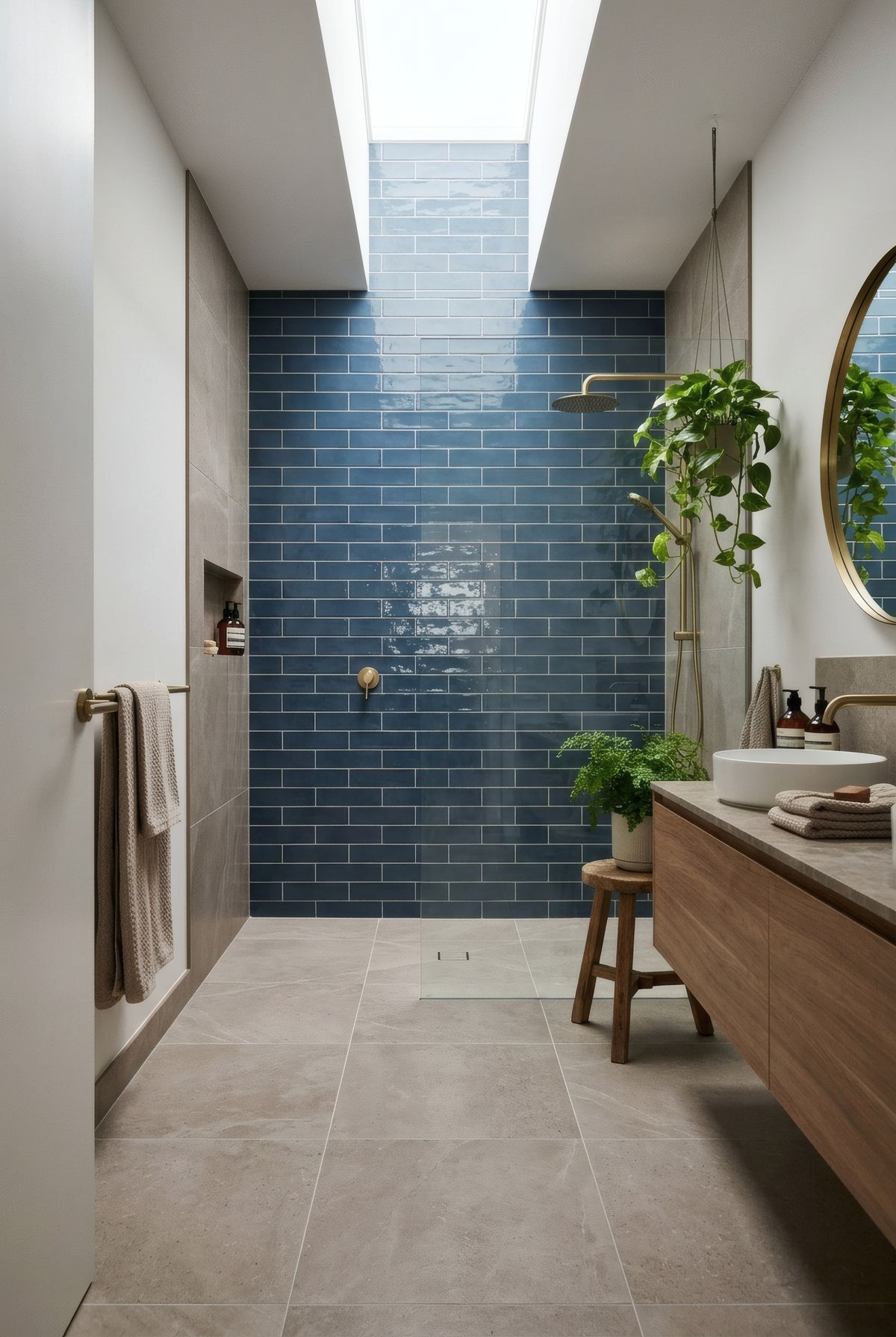 Deep-blue gloss subway-tiled shower with brushed-brass fixtures and a skylight