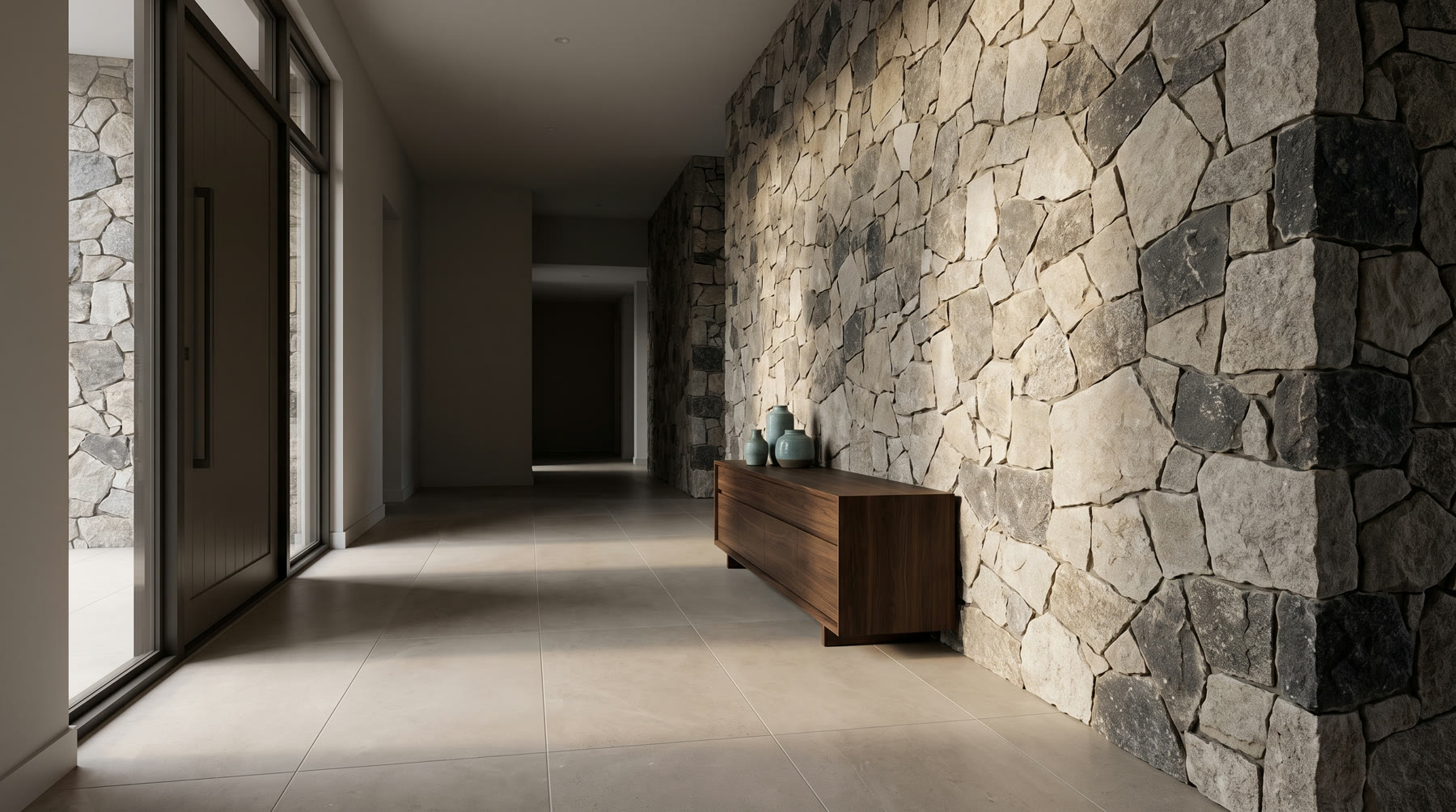 Stone feature wall and large-format floor tiling in a modern home