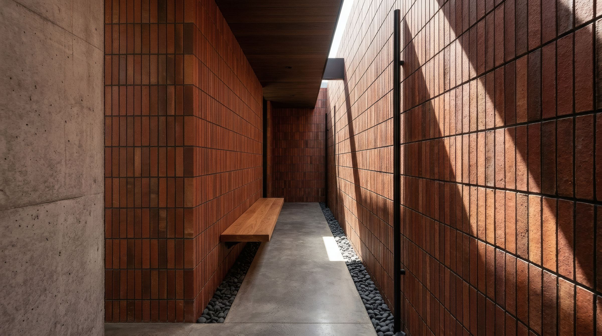 Sunlit passage clad in slim vertical terracotta brick tiles with a floating timber bench