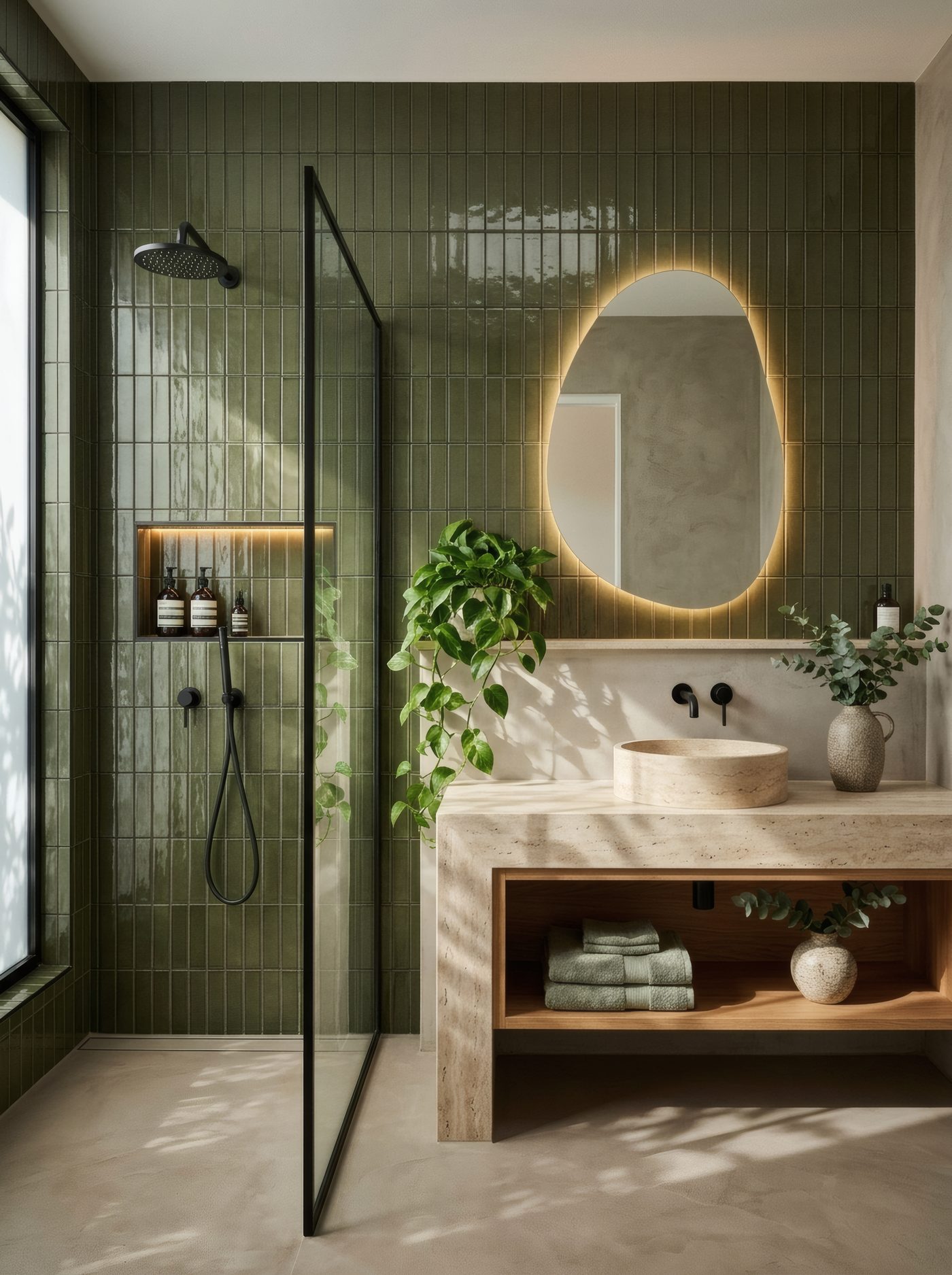 Olive-green tiled walk-in shower with certified wet-area waterproofing